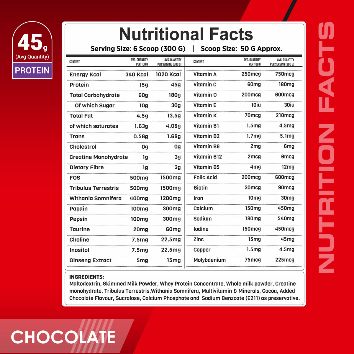 MUSFIT Bulk Mass Gainer, Chocolate, nutrition facts