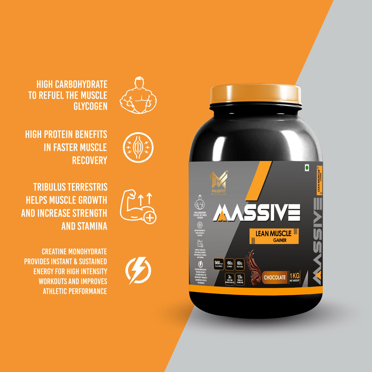 MUSFIT Massive Muscle Lean Muscle Gainer, Chocolate, key benefits