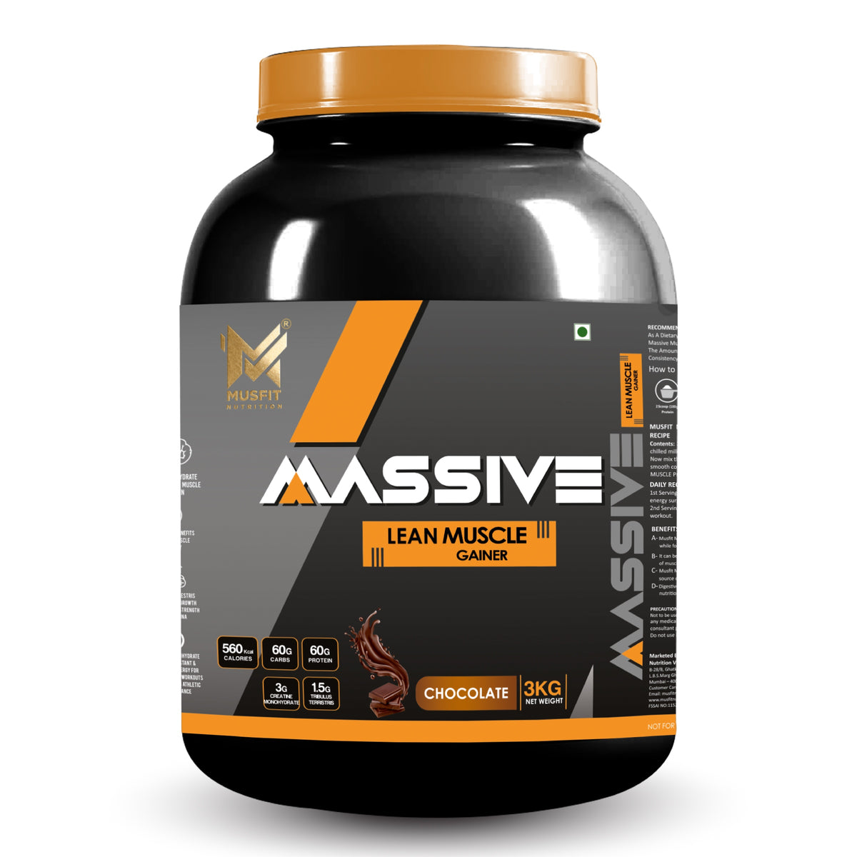 MUSFIT Massive Muscle Lean Muscle Gainer, Chocolate, 3 kg, front of pack