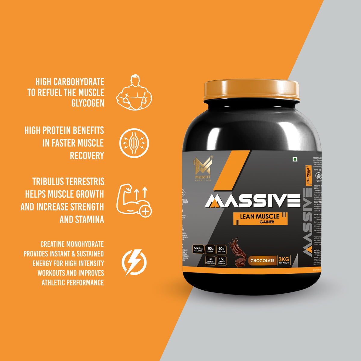 MUSFIT Massive Muscle Lean Muscle Gainer, Chocolate, key benefits