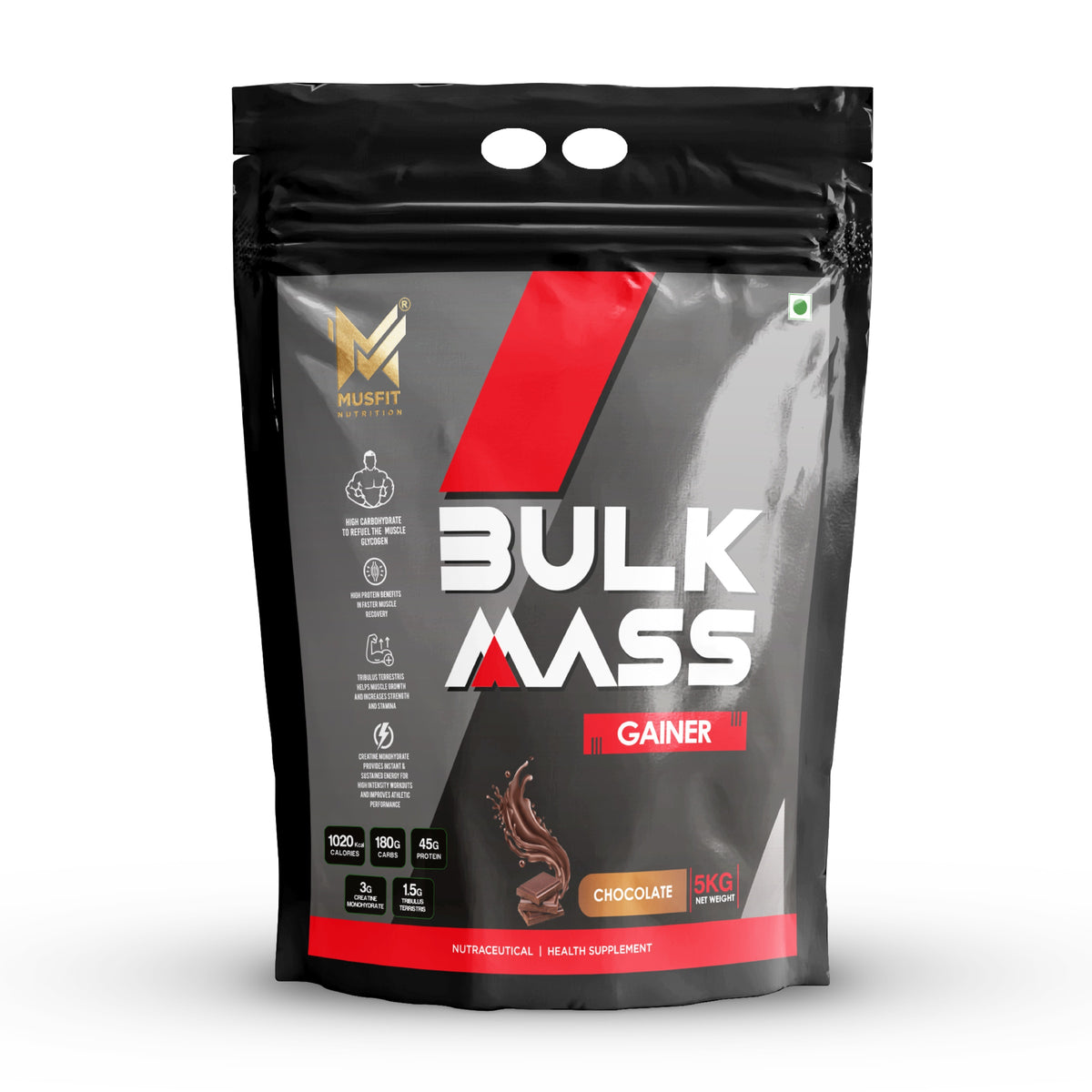 MUSFIT Bulk Mass Gainer, Chocolate, 5 kg, front of pack