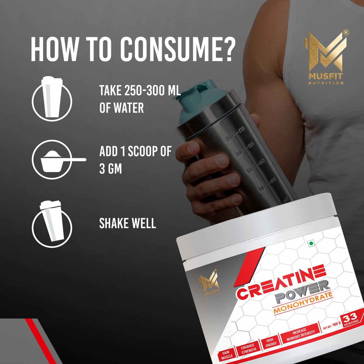 MUSFIT Creatine Power Monohydrate, Unflavoured, how to use