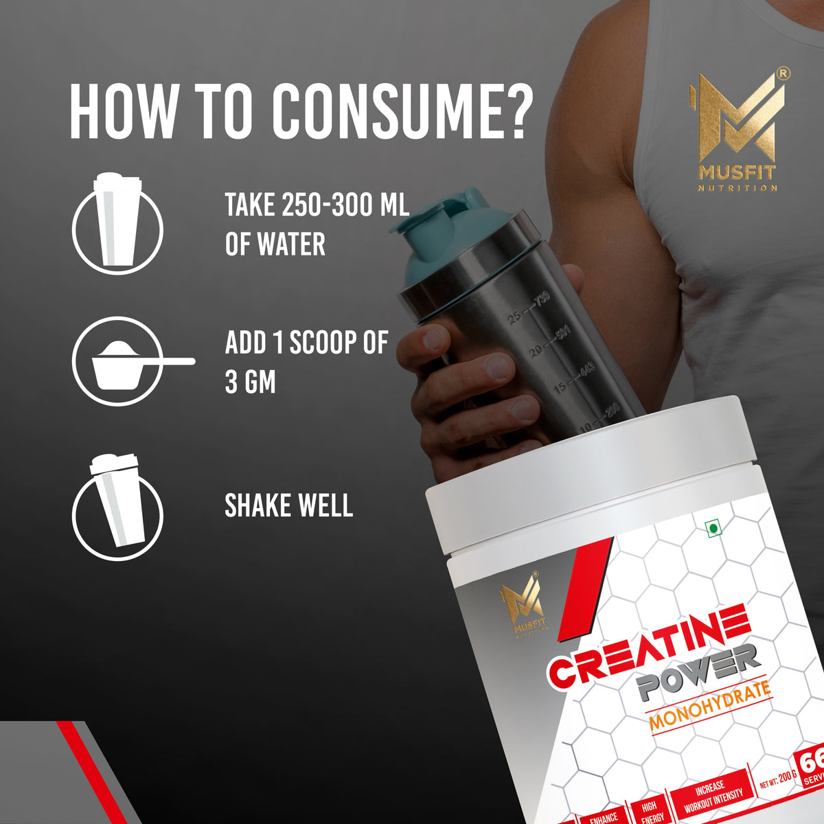 MUSFIT Creatine Power Monohydrate, Unflavoured, how to use