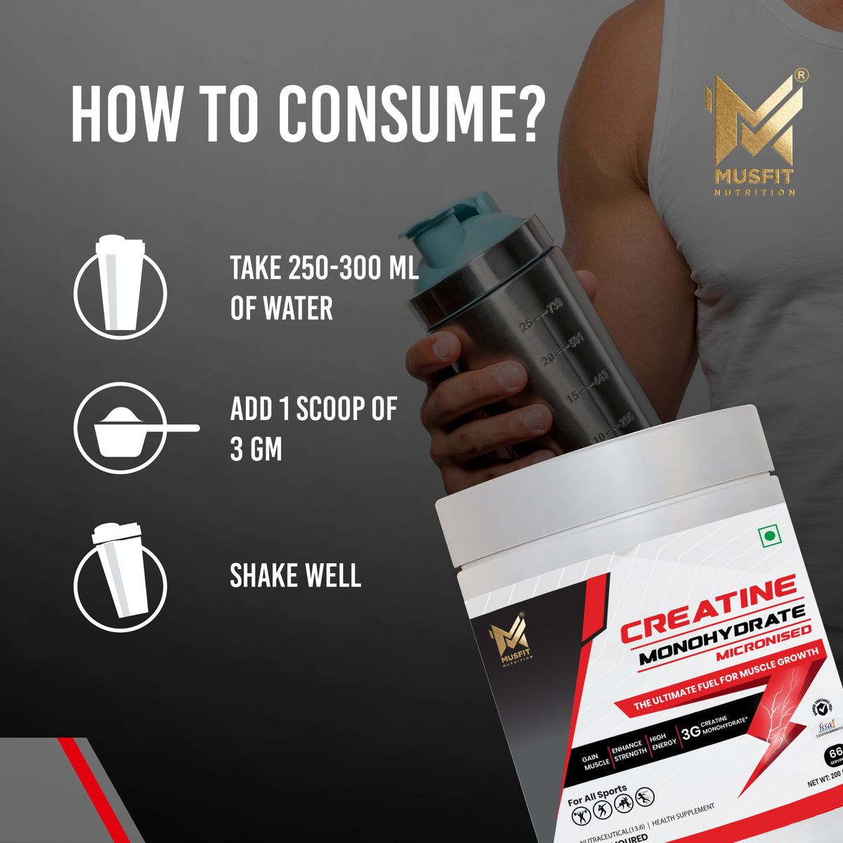 MUSFIT Creatine Monohydrate Micronised, Unflavoured, how to use