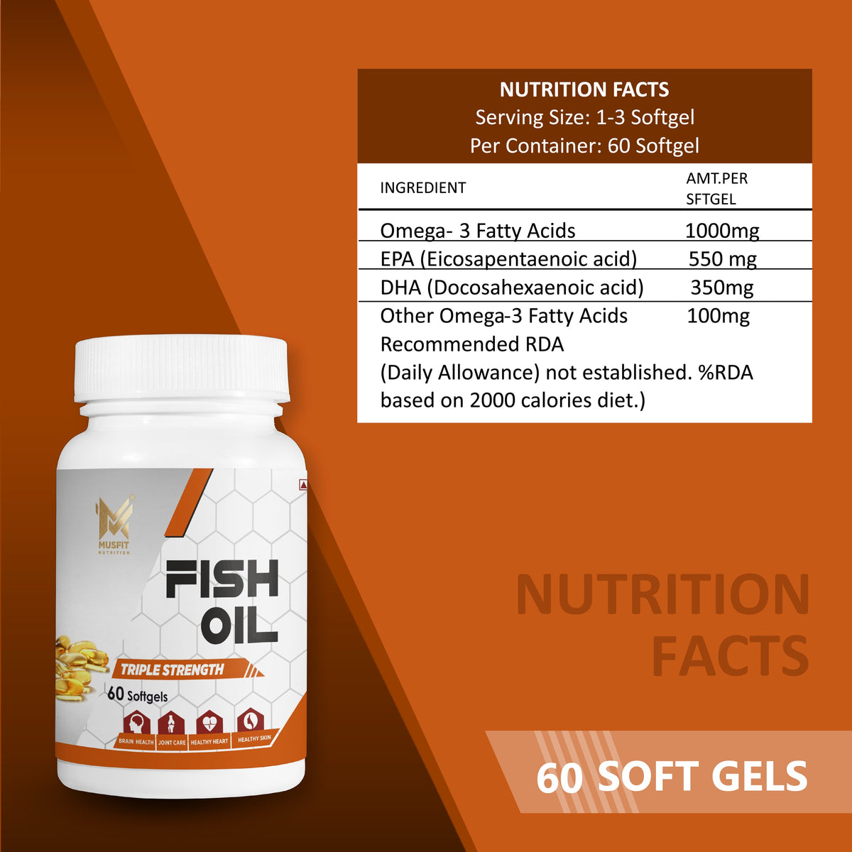 MUSFIT Fish Oil Triple Strength, 60 Softgels, nutrition facts