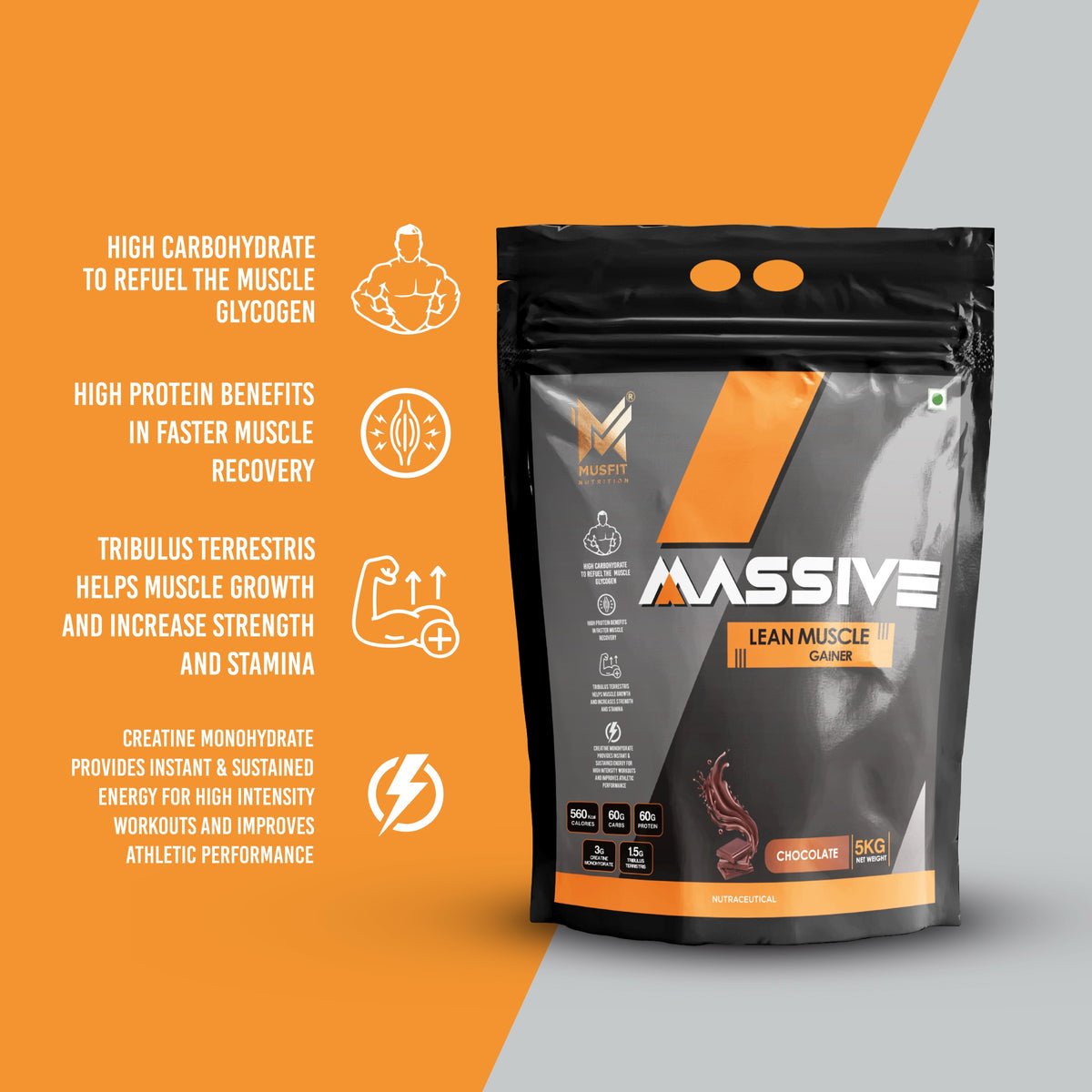 MUSFIT Massive Muscle Lean Muscle Gainer, Chocolate, key benefits