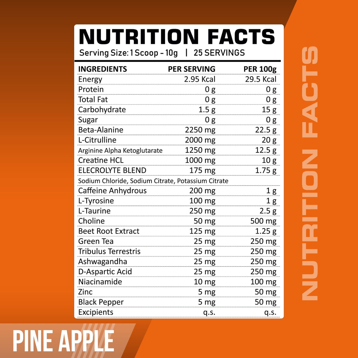 MUSFIT X-Tend Pre Workout, Pineapple, nutrition facts: 1 scoop (10 g), 25 servings