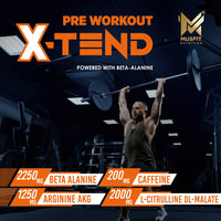 Man lifting a barbell overhead in a gym with the MUSFIT X-Tend logo and doses per scoop: 2250mg beta-alanine, 200mg caffeine, 1250mg arginine AKG, 2000mg L-citrulline DL-malate