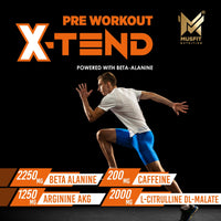 Sprinting athlete with the MUSFIT X-Tend logo and doses per scoop: 2250mg beta-alanine, 200mg caffeine, 1250mg arginine AKG, 2000mg L-citrulline DL-malate