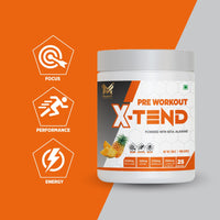 MUSFIT X-Tend Pre Workout, Pineapple 250 g jar with focus, performance and energy icons