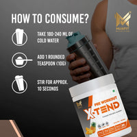 How to use MUSFIT X-Tend: 1 rounded scoop (10 g) in 180-240 ml of cold water, stir for about 10 seconds