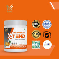 MUSFIT X-Tend Pre Workout, Pineapple 250 g jar with GMP, HACCP, ISO 9001, banned substance free and FSSAI licence badges