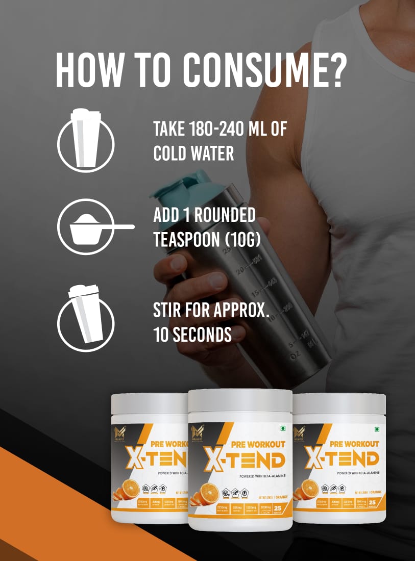 MUSFIT X-Tend Pre-Workout Combo, Orange, how to use: add 1 scoop to 180-240 ml cold water and stir for 10 seconds
