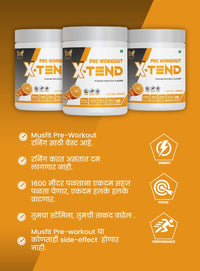 MUSFIT X-Tend Pre-Workout Combo, Orange, pack shot with energy, focus and performance benefits