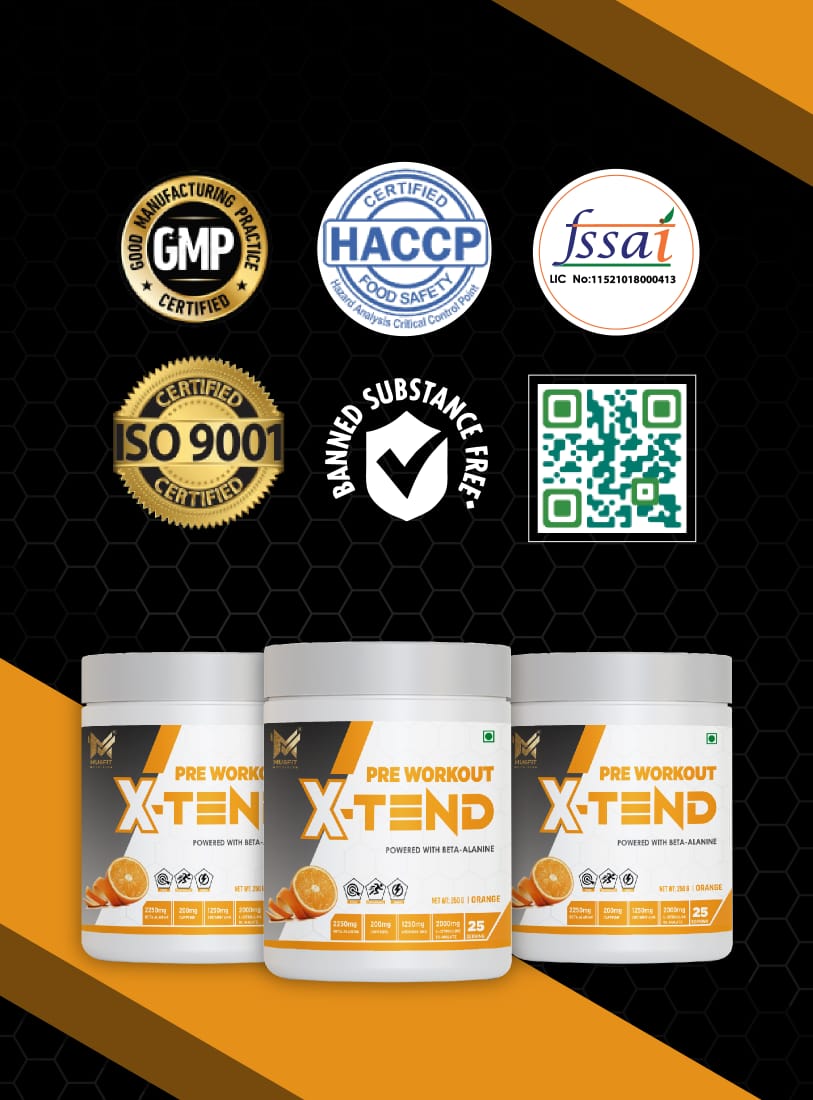 MUSFIT X-Tend Pre-Workout Combo, Orange, GMP, HACCP, FSSAI, ISO 9001 and banned-substance-free certifications