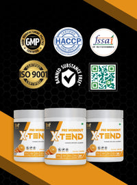 MUSFIT X-Tend Pre-Workout Combo, Orange, GMP, HACCP, FSSAI, ISO 9001 and banned-substance-free certifications