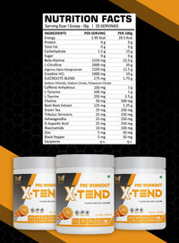MUSFIT X-Tend Pre-Workout Combo, Orange, nutrition facts: 1 scoop (10 g), 25 servings