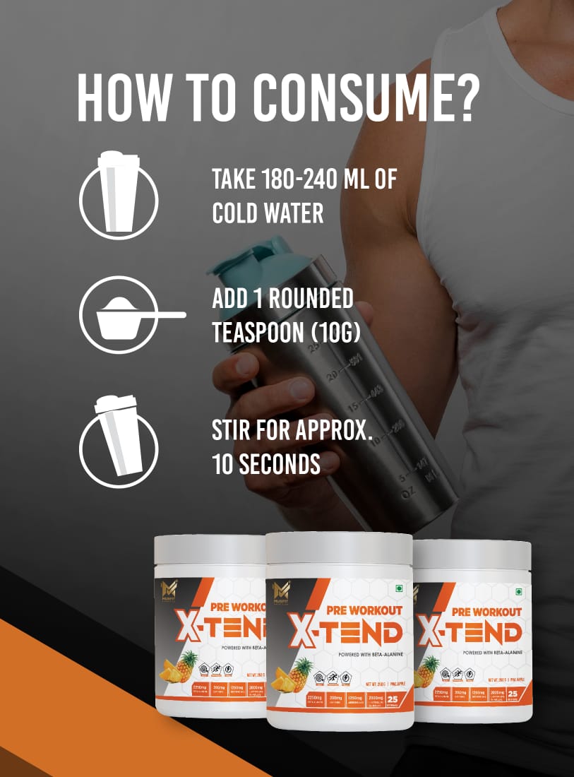 MUSFIT X-Tend Pre-Workout Combo, Pine-Apple, how to use: add 1 scoop to 180-240 ml cold water and stir for 10 seconds