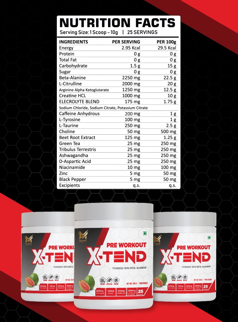 MUSFIT X-Tend Pre-Workout Combo, Pink Guava, nutrition facts: 1 scoop (10 g), 25 servings