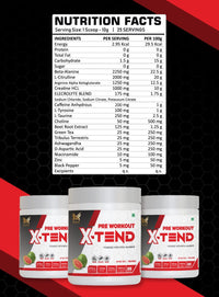 MUSFIT X-Tend Pre-Workout Combo, Pink Guava, nutrition facts: 1 scoop (10 g), 25 servings