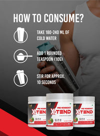 MUSFIT X-Tend Pre-Workout Combo, Pink Guava, how to use: add 1 scoop to 180-240 ml cold water and stir for 10 seconds
