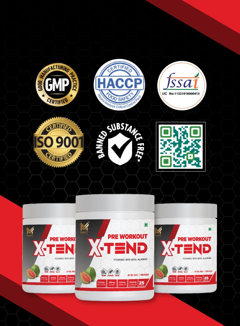 MUSFIT X-Tend Pre-Workout Combo, Pink Guava, GMP, HACCP, FSSAI, ISO 9001 and banned-substance-free certifications
